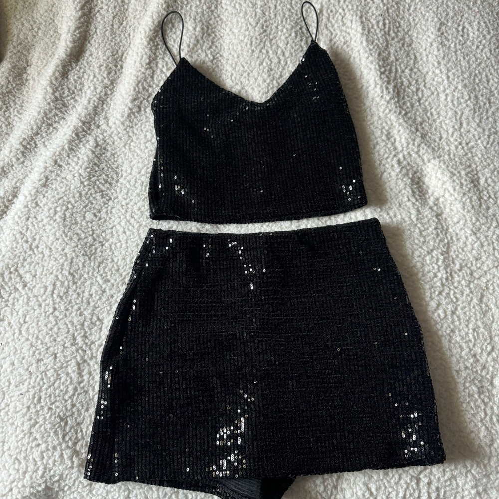 Two piece sequin crop tank and skirt set